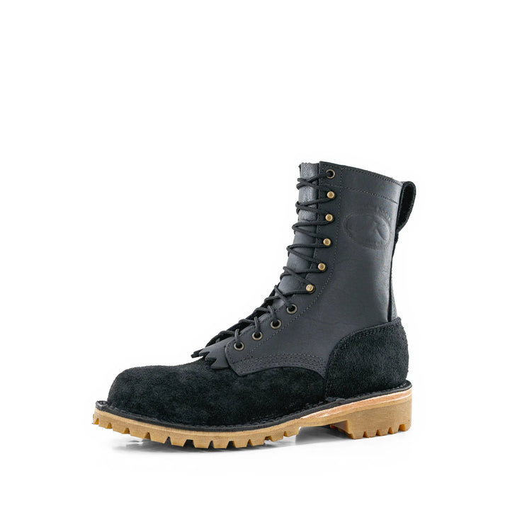 Side view of the OT Black rough leather work boot on a white background