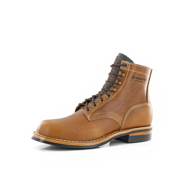 Side view of the Archer light brown heritage leather boot on a white background