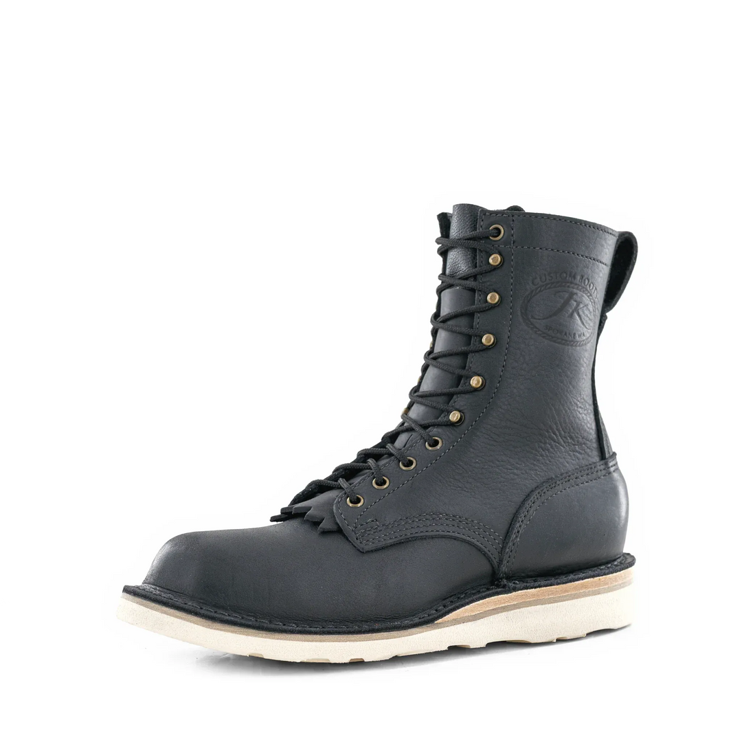 Side view of the Forefront 8 inch black leather work boot on a white background