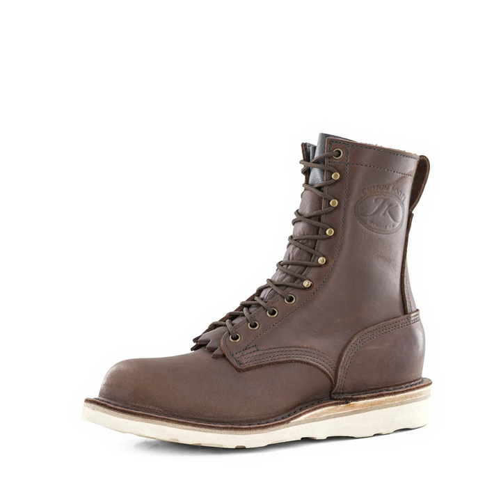 Side view of the Forefront 8 inch brown leather work boot on a white background