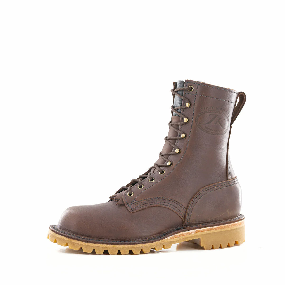 Side view of the OT Brown leather work boot on a white background