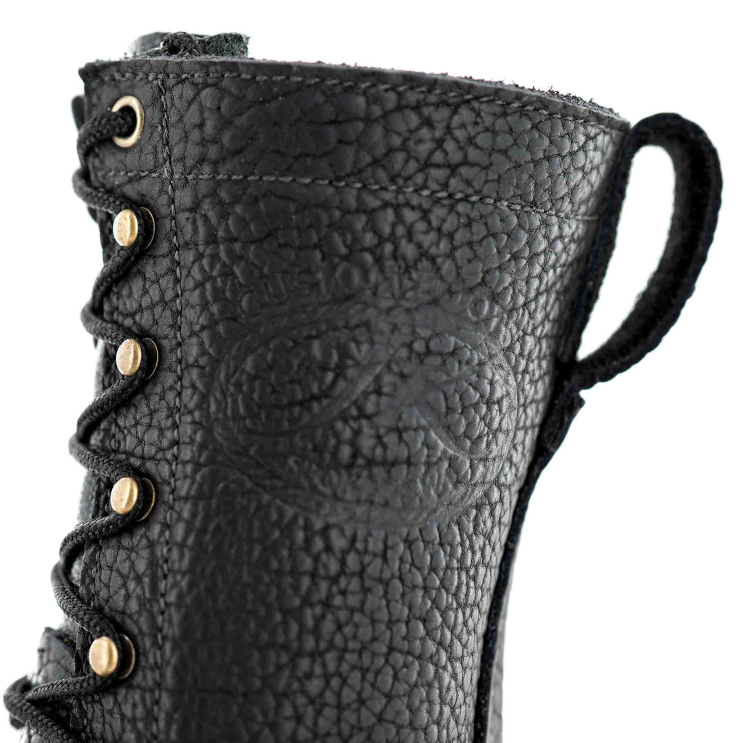 Top half side view of quarter on a Superduty shadow bison leather work boot