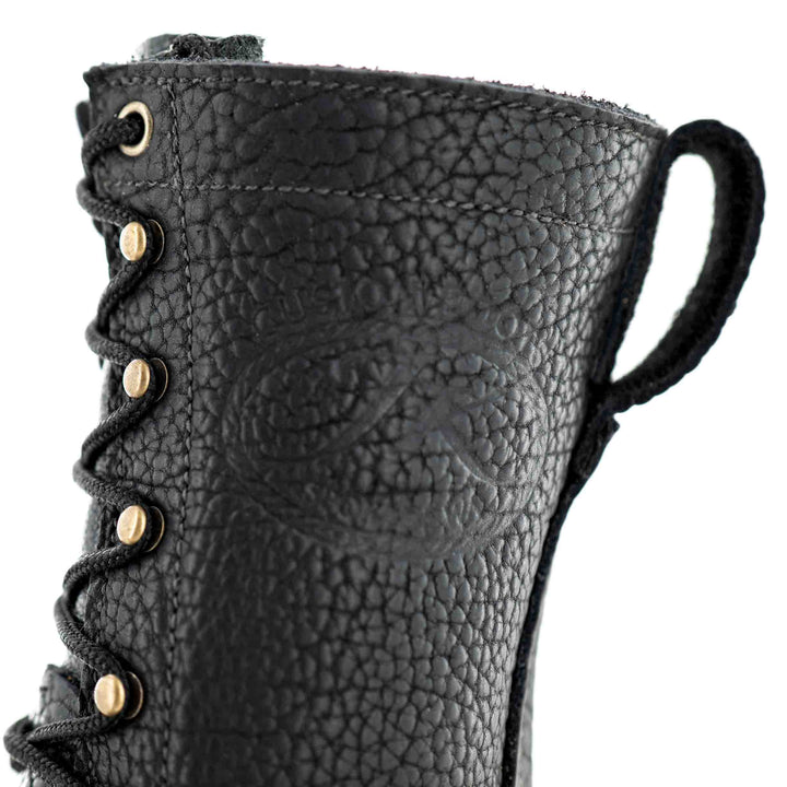 Top half side view of quarter on a Superduty shadow bison leather work boot