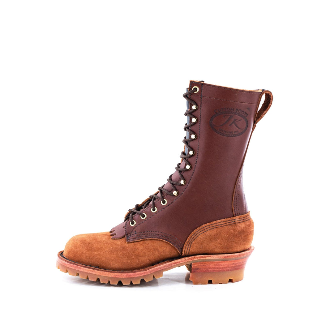 Side view of the Honey Fire Redwood leather work boot on a white background