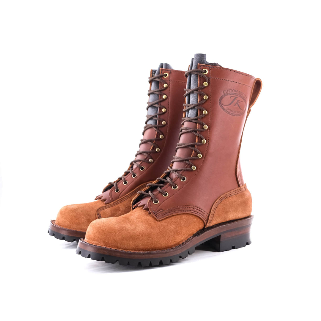 redwood climbers on white background showing the pair of boots from a full angle so you can see the boot design.
